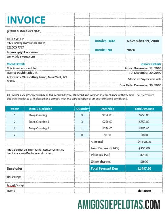 para download Modelo de fatura de limpeza residencial